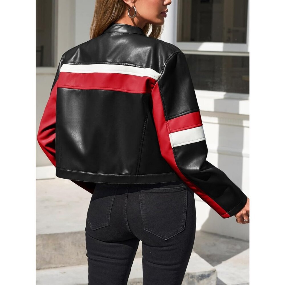 Women's Cropped Moto Biker Jackets Faux Leather Bomber Jacket Racing Black - Picture 4 of 5